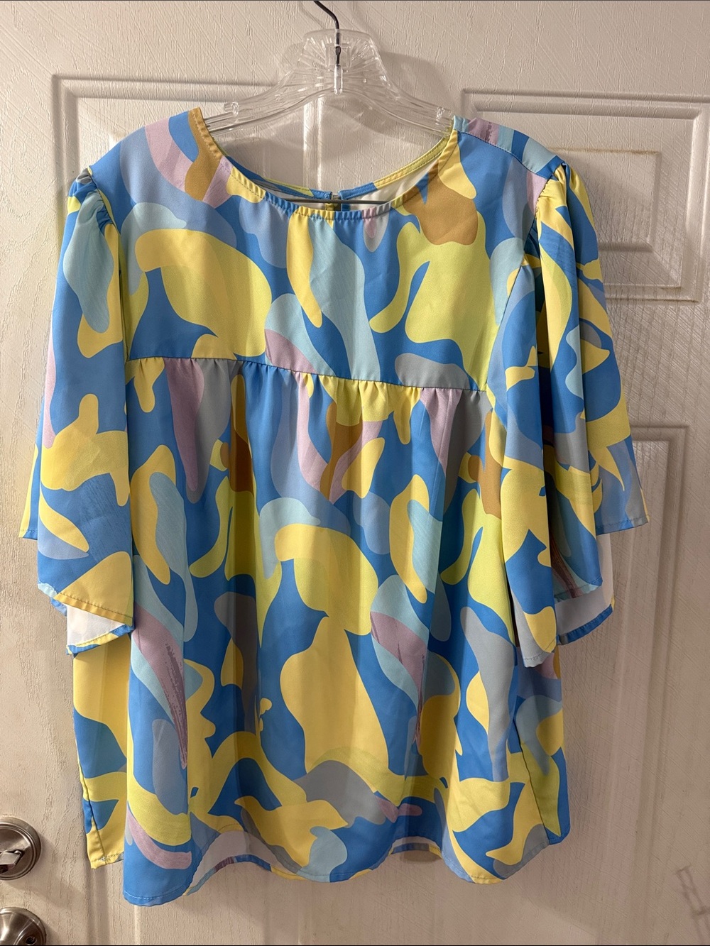 SHEIN Blue, Yellow & Pink Abstract Flutter Sleeve Top